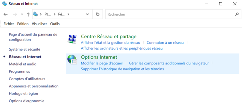 Menu des options Internet en surbrillance dans le panneau de configuration